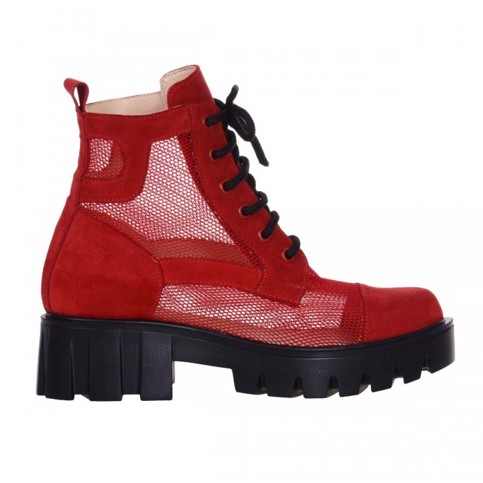 Bocanci din Piele Naturala Rosie si Plasa - Cod B288