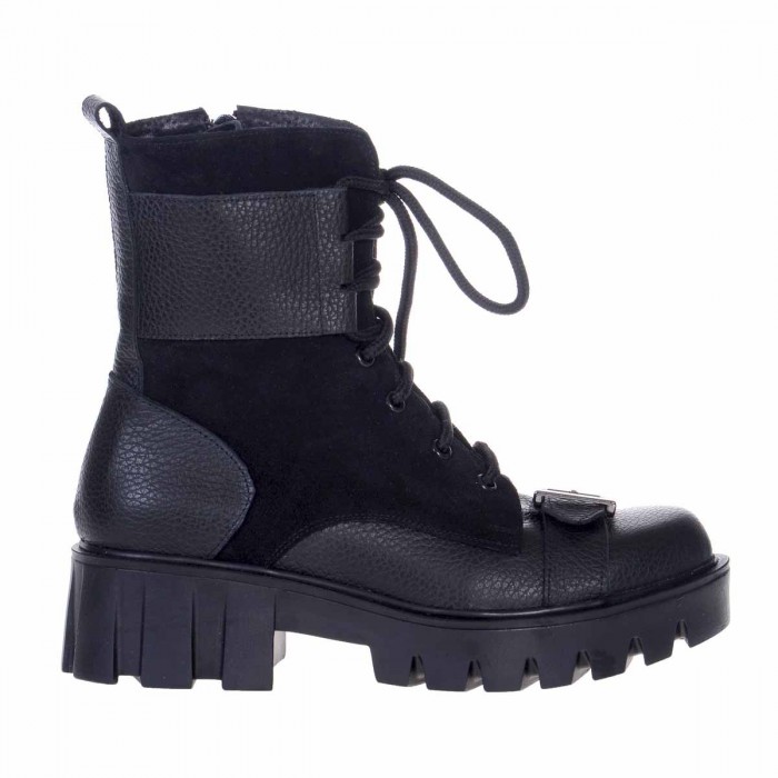 Bocanci cu Catarame din Piele Naturala si Piele Intoarsa Neagra - Cod B267