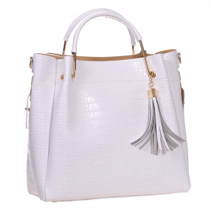 Geanta Dama Piele Naturala cu Presaj Croco Alb Olio