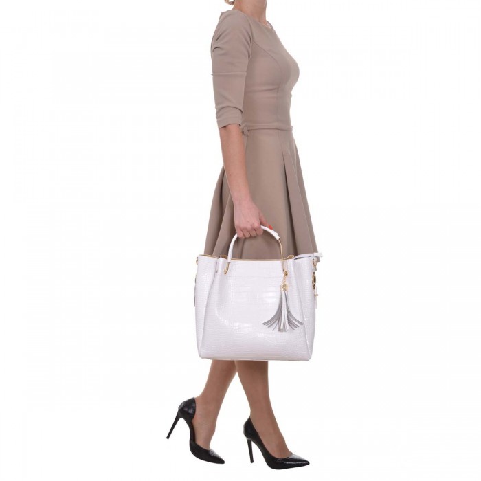 Geanta Dama Piele Naturala cu Presaj Croco Alb Olio