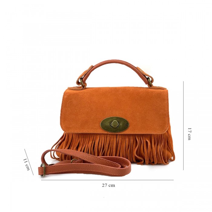 Geanta Portocalie cu franjuri Piele Intoarsa - Yara