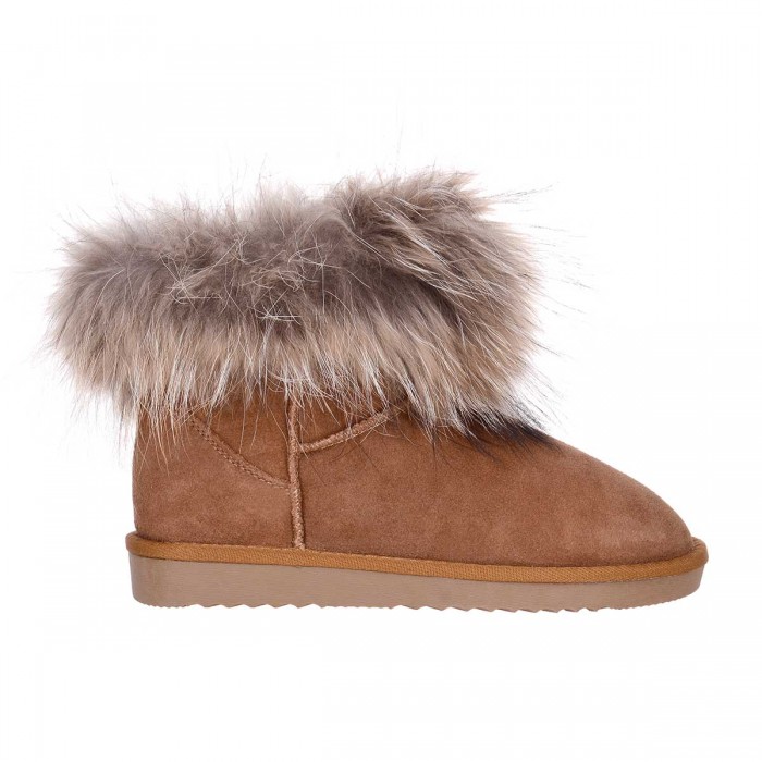 Ghete Scurte cu Blana din Piele Intoarsa Camel - Cod Alexia