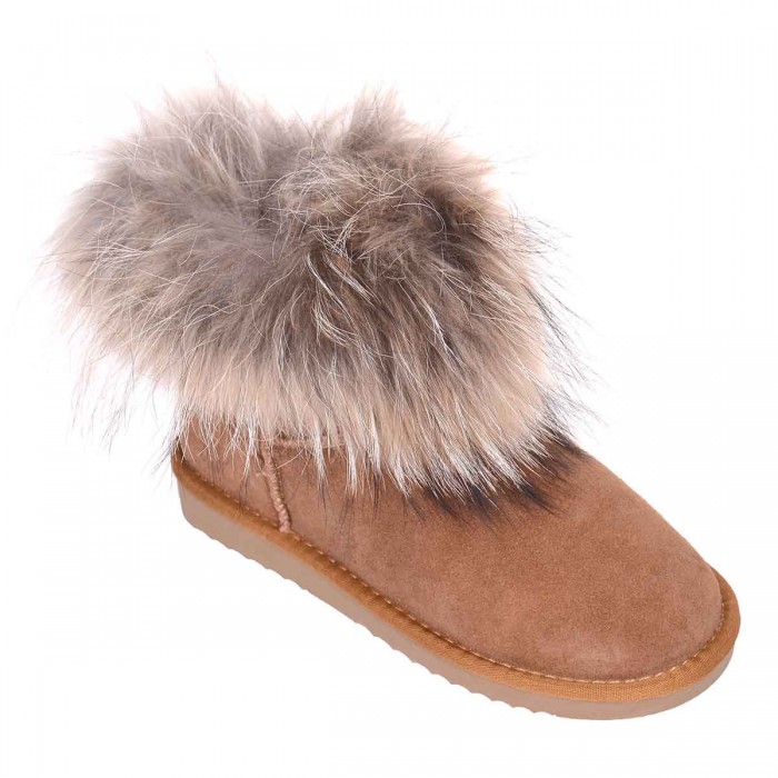 Ghete Scurte cu Blana din Piele Intoarsa Camel - Cod Alexia