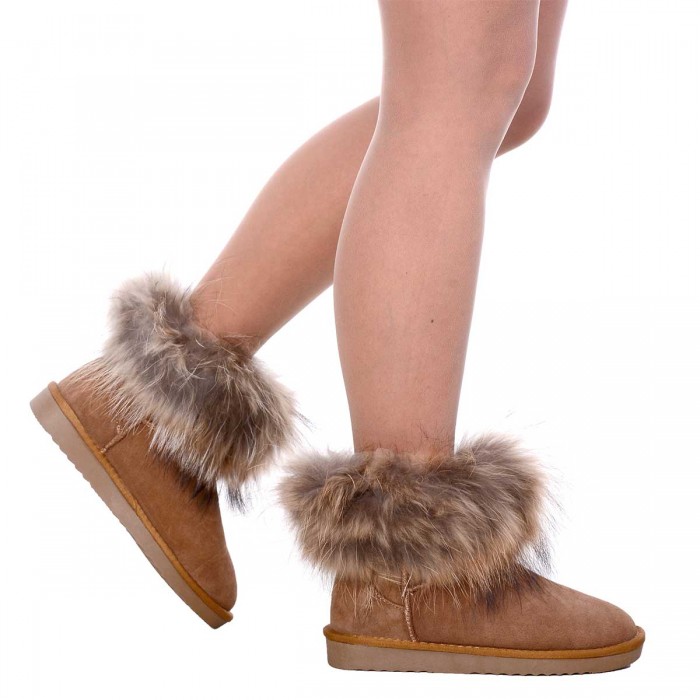 Ghete Scurte cu Blana din Piele Intoarsa Camel - Cod Alexia