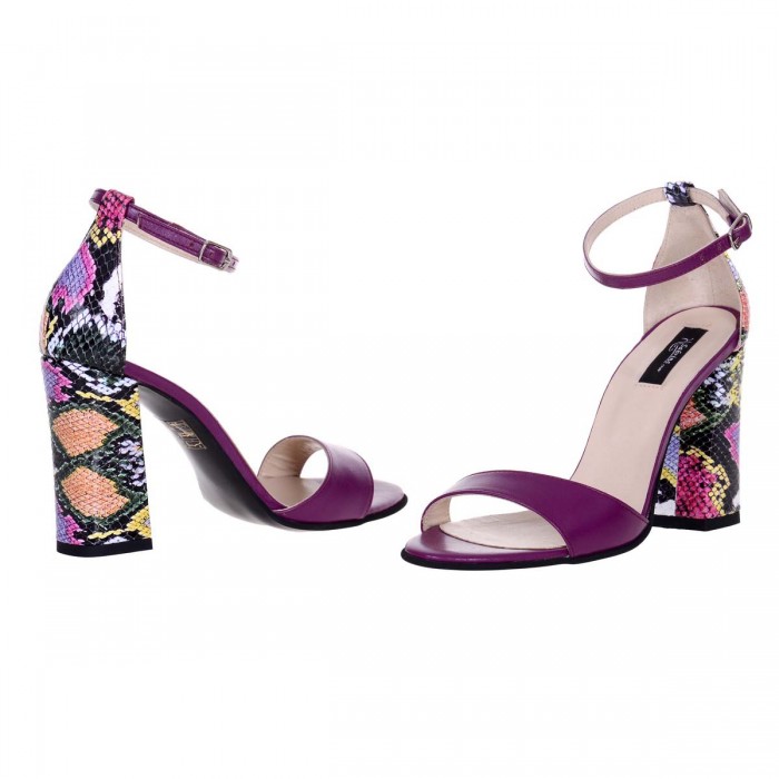 Sandale Dama din Piele Naturala Mov si Imprimeu- Cod N140
