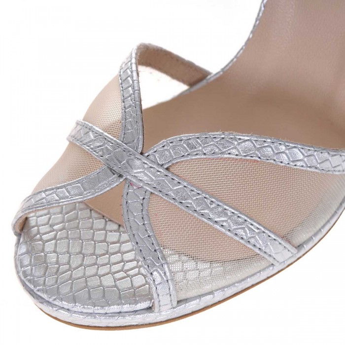 Sandale Elegante Piele Naturala cu Imprimeu Sarpe Argintiu - Cod N95