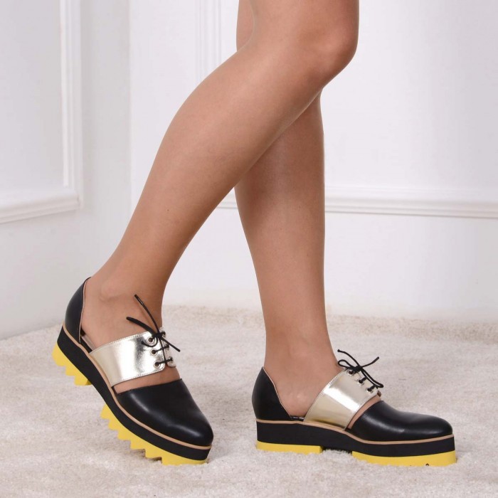 Balerini Decupati din Piele Negru si Auriu - Cod L61