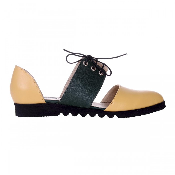 Balerini Decupati din Piele Galbena si Verde - Cod L59