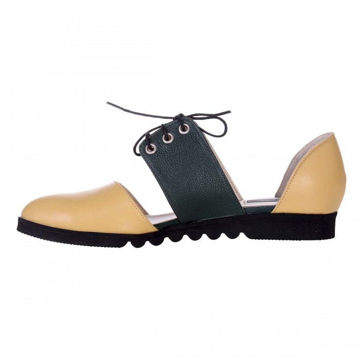 Balerini Decupati din Piele Galbena si Verde - Cod L59