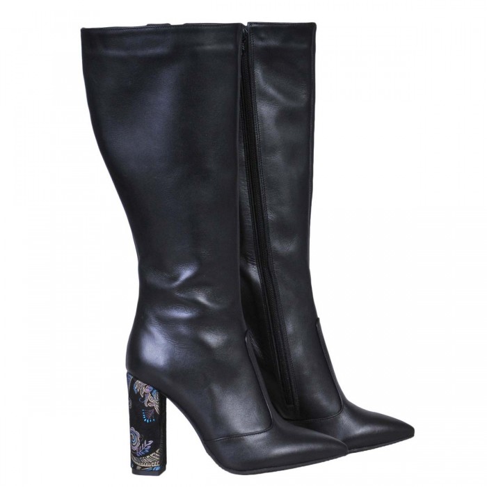 Cizme Stiletto din Piele Neagra si Imprimeu - Cod C237