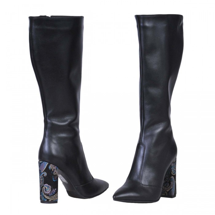 Cizme Stiletto din Piele Neagra si Imprimeu - Cod C237