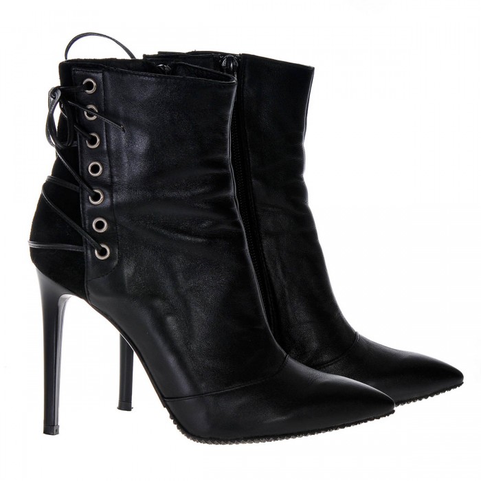 Botine din Piele Naturala Neagra cu siret - Cod B180