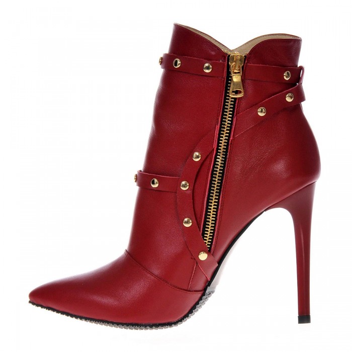 Botine din Piele Naturala Rosie si Capse Aurii - Cod B170