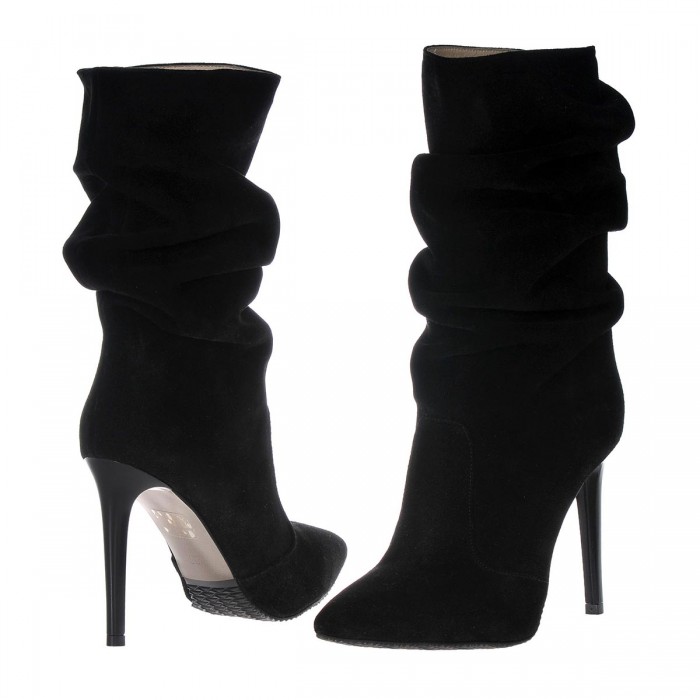 Botine Stiletto Negre din Piele Naturala Intoarsa - Cod B205