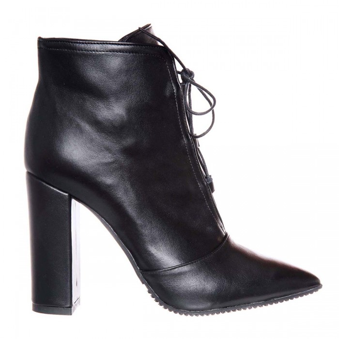 Botine Stiletto cu Siret din Piele Naturala Neagra - Cod B374