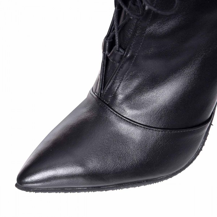 Botine Stiletto cu Siret din Piele Naturala Neagra - Cod B374