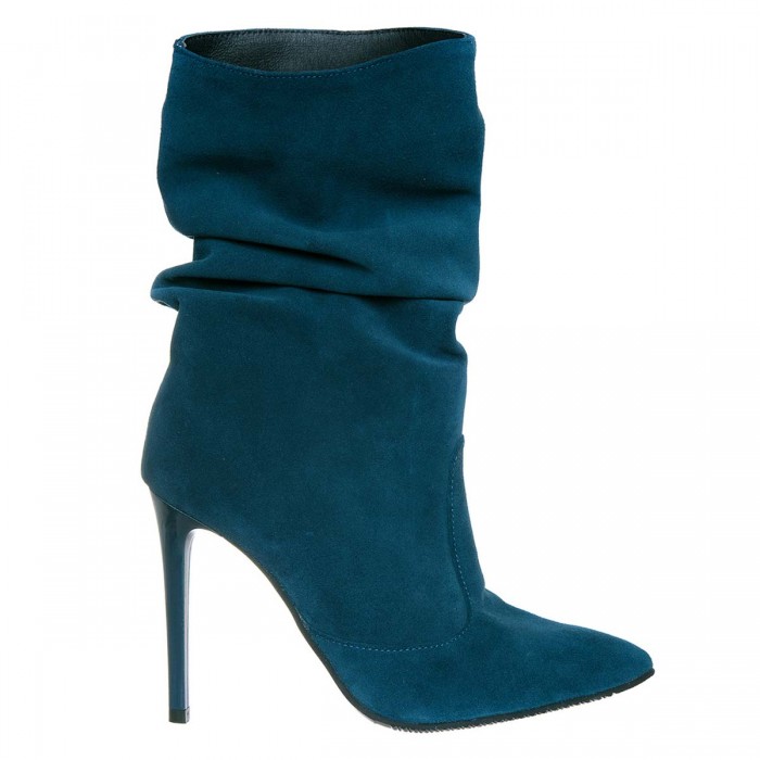 Botine Stiletto Fronsate Piele Intoarsa Albastru-Petrol - B377
