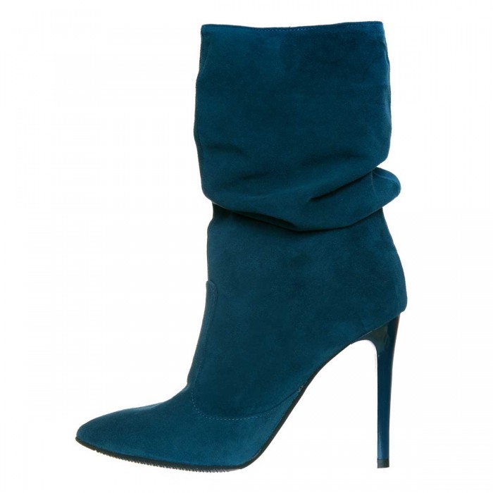 Botine Stiletto Fronsate Piele Intoarsa Albastru-Petrol - B377