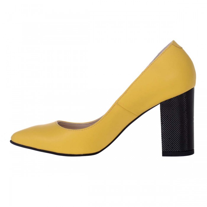 Pantofi Stiletto cu Toc Gros din Piele Naturala Galbena - Cod S517