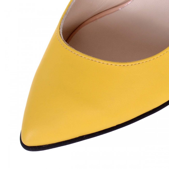 Pantofi Stiletto cu Toc Gros din Piele Naturala Galbena - Cod S517