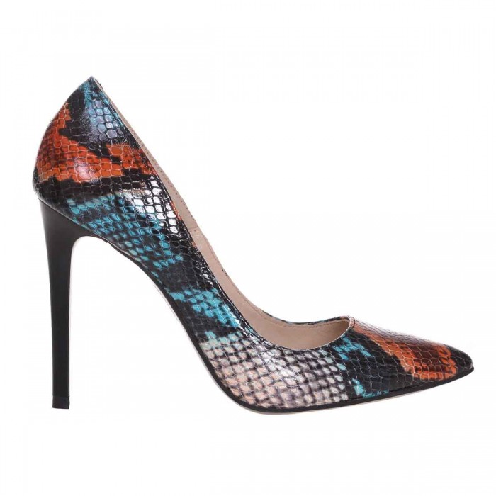 Pantofi Stiletto Piele Naturala Imprimeu Sarpe Colorat - Cod S600