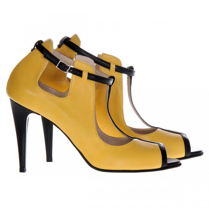 Pantofi Dama din Piele Naturala Galben-Negru - Cod S363