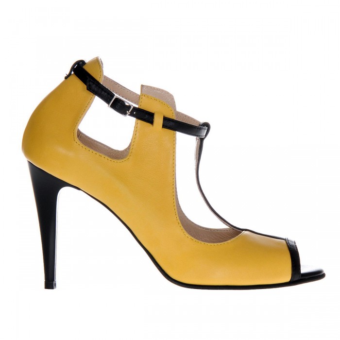 Pantofi Dama din Piele Naturala Galben-Negru - Cod S363