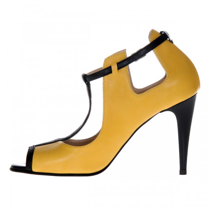 Pantofi Dama din Piele Naturala Galben-Negru - Cod S363