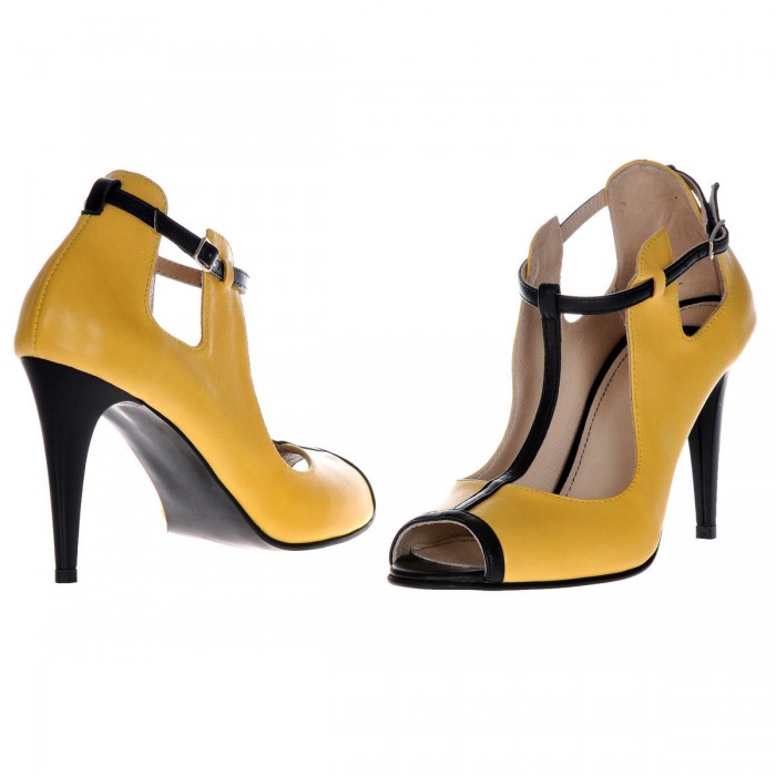 Pantofi Dama din Piele Naturala Galben-Negru - Cod S363