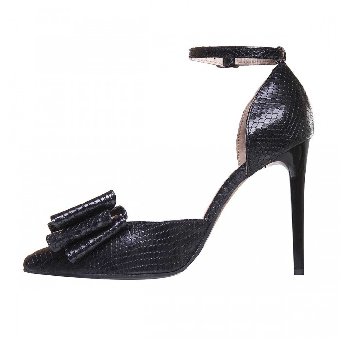 Pantofi Stiletto Decupati Piele cu Imprimeu Negru - Cod S710