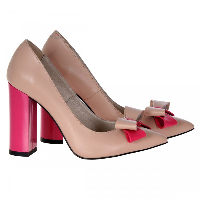 Pantofi Stiletto Cu Toc Gros Piele Naturala Bej-Roz- Cod S367