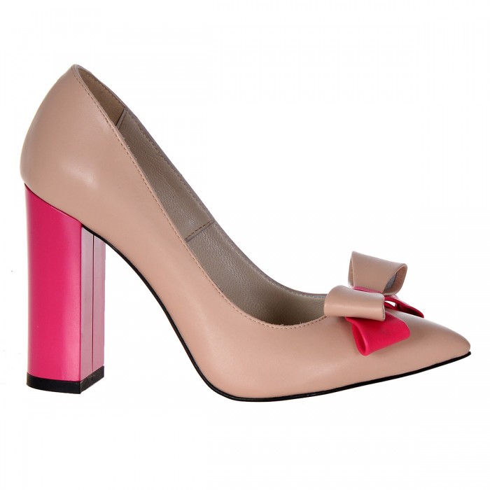 Pantofi Stiletto Cu Toc Gros Piele Naturala Bej-Roz- Cod S367