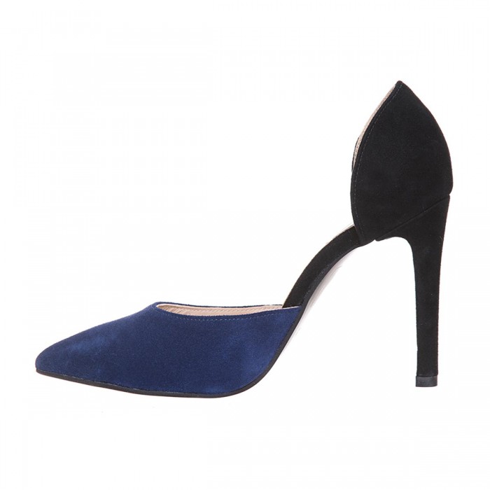 Pantofi Stiletto Decupati Piele Naturala Albastru - Negru - Cod S161