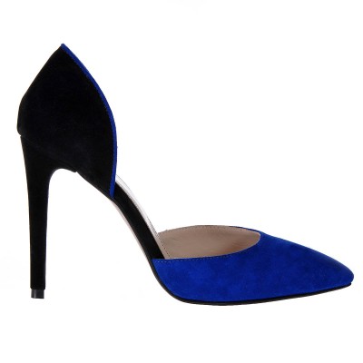 Pantofi Stiletto Decupati Piele Naturala Albastru - Negru - Cod S181