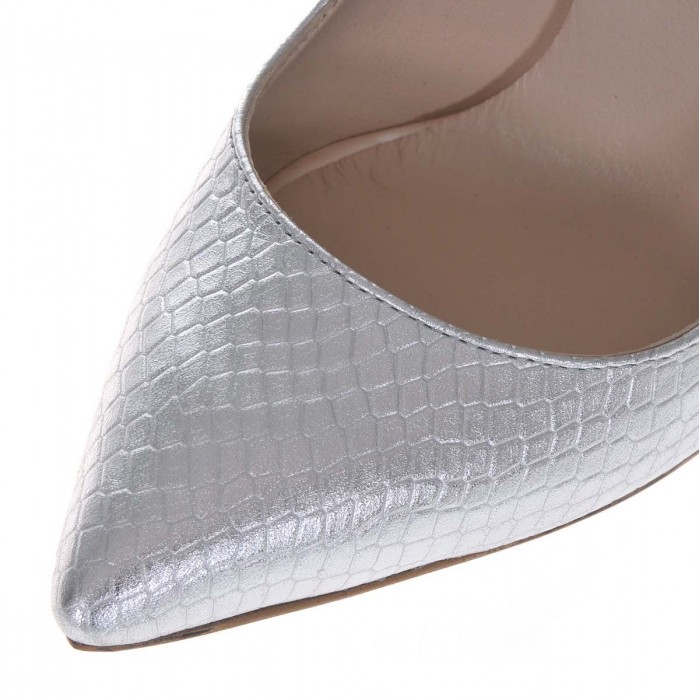 Pantofi Stiletto din Piele Naturala cu Imprimeu Sarpe Argintiu- Cod S400
