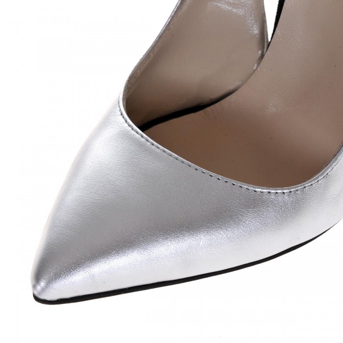 Pantofi Stiletto din Piele Naturala Argintie- Cod S396