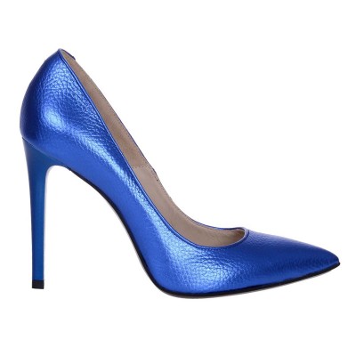 Pantofi Stiletto Piele Naturala Albastru Metalizat - Cod S568