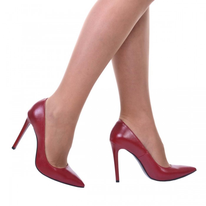 Pantofi Stiletto Piele Naturala Rosu Inchis - Cod S569