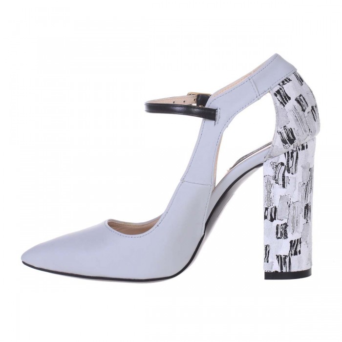 Pantofi Stiletto din Piele Naturala Gri si Imprimeu- Cod S521
