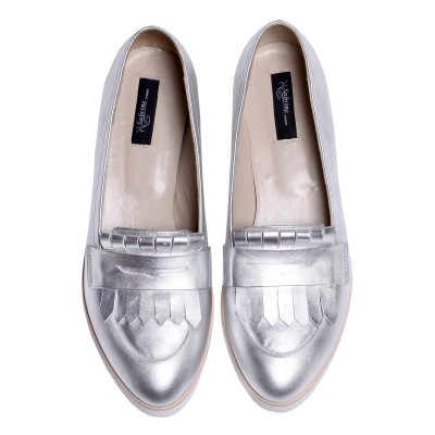 Pantofi Dama Loafers din Piele Naturala Argintie- Cod S395