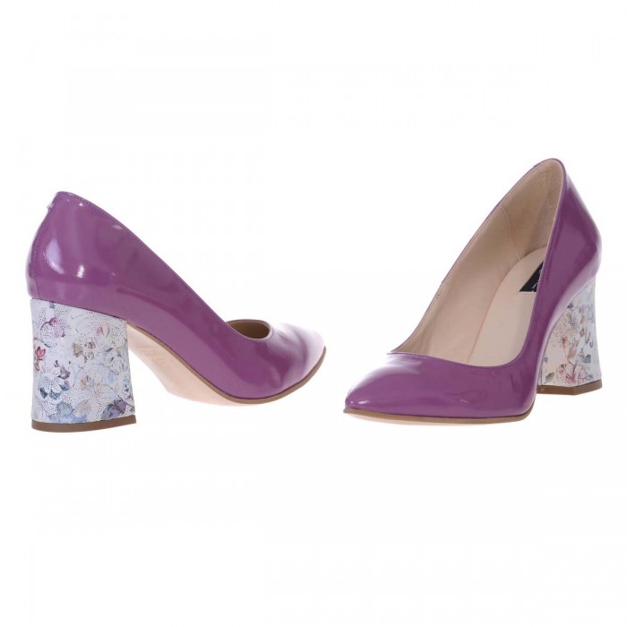 Pantofi Stiletto Toc Evazat Piele Naturala Mov si Imprimeu - S583