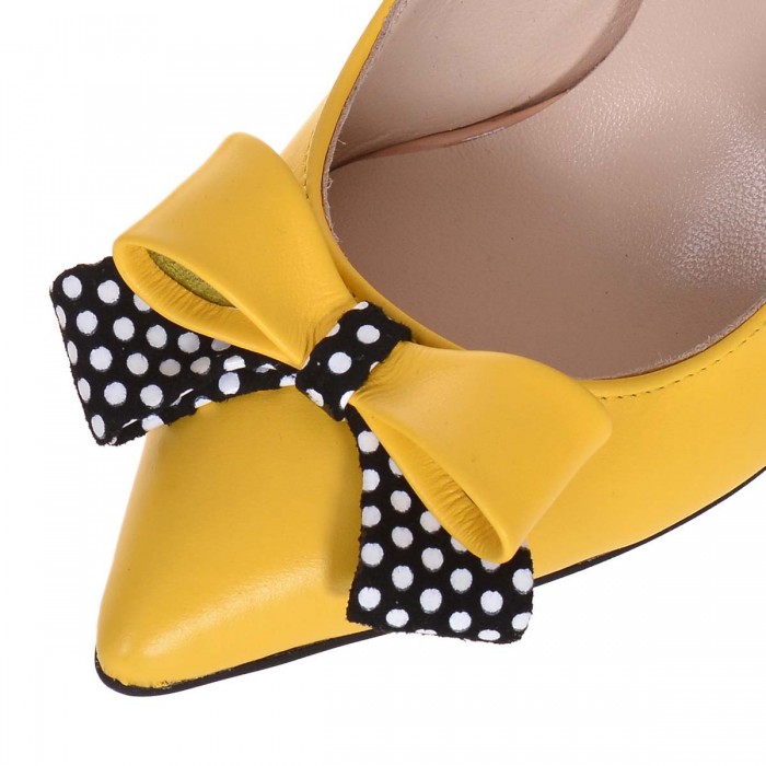 Pantofi Stiletto Piele Naturala Galbena si Imprimeu - Cod S609
