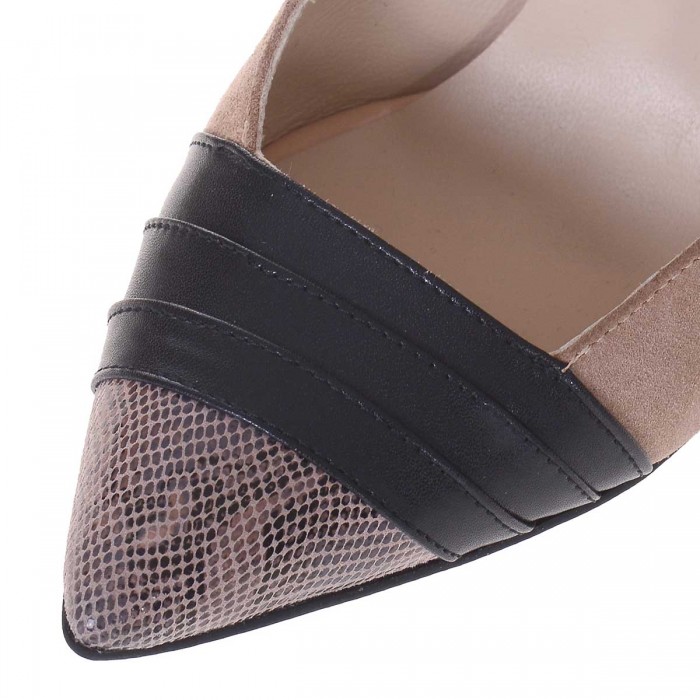 Pantofi Stiletto din Piele Naturala Cappuccino si Imprimeu - Cod S561