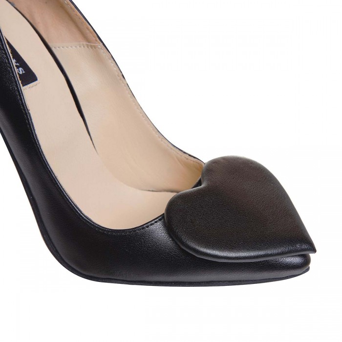 Pantofi Stiletto Piele Naturala Neagra cu Inimioare - Cod S736