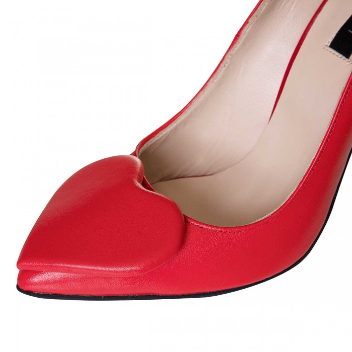 Pantofi Stiletto Piele Naturala Rosie cu Inimioare - Cod S703