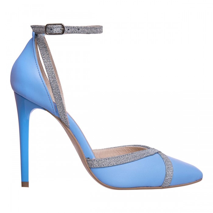 Pantofi Dama Decupati din Piele Bleu si Glitter - Cod S708