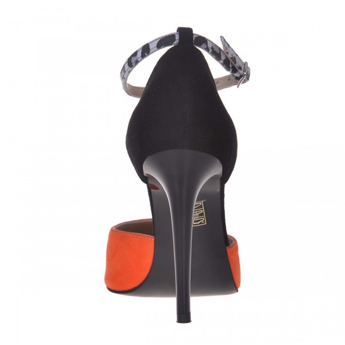 Pantofi Stiletto Piele Naturala Portocaliu - Negru - Cod S638