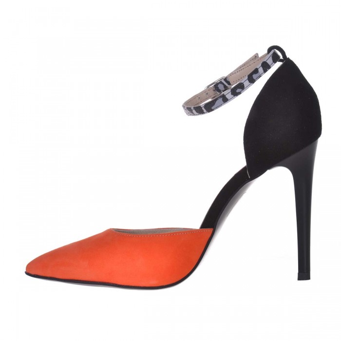 Pantofi Stiletto Piele Naturala Portocaliu - Negru - Cod S638